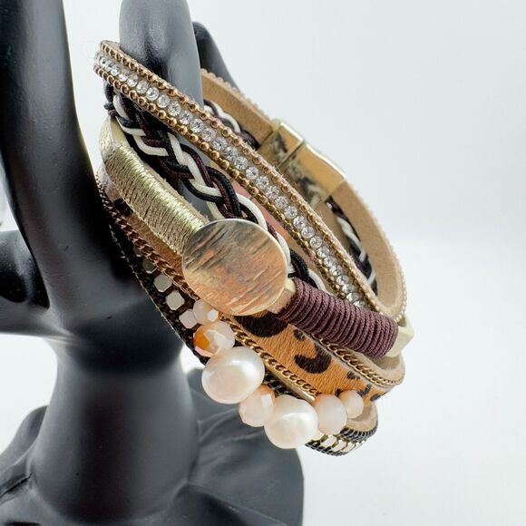 Multi-Strand Mixed Material Bracelet Bohemian Animal Print Rhinestone Faux Pearl - Picture 5 of 8